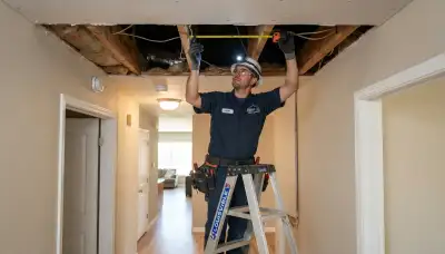 Electrician measuring ceiling joists for whole-house fan installation in a Fresno, CA home