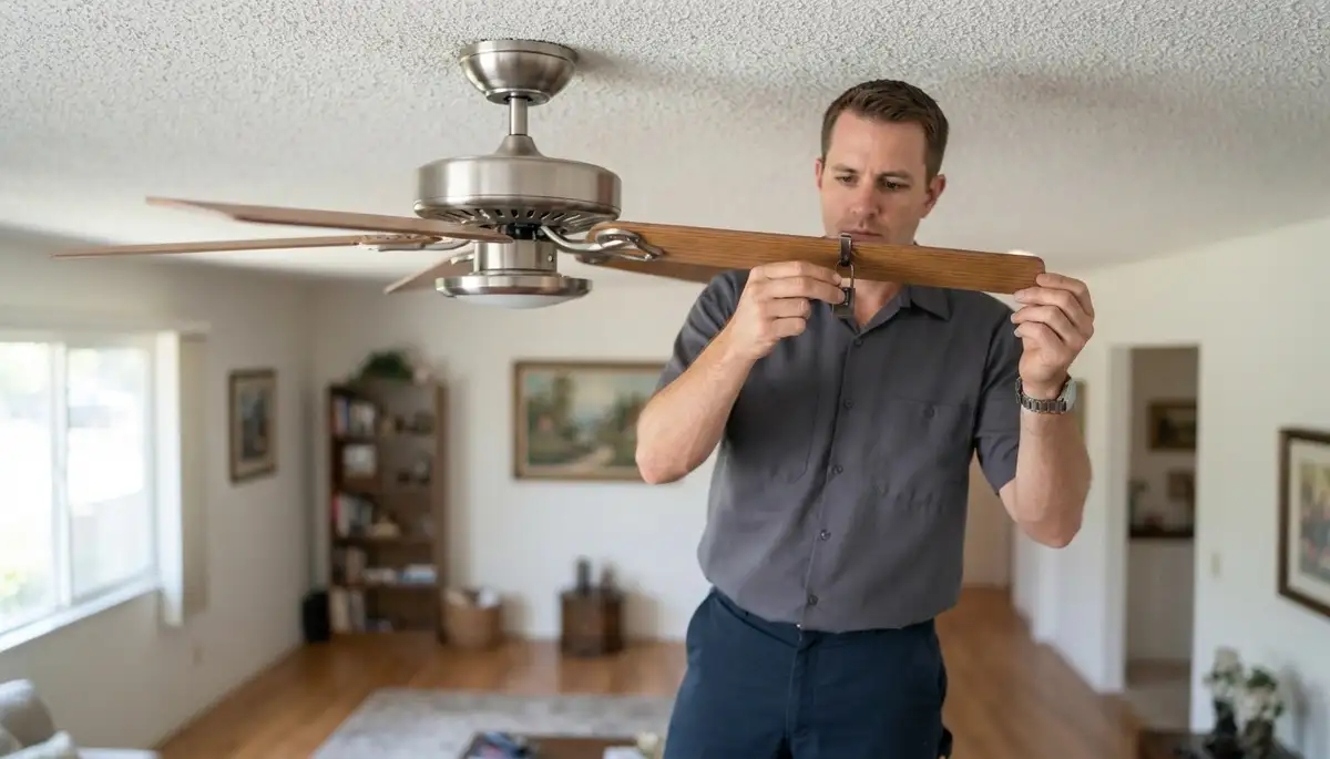 Fresno, CA electrician clips a balancing weight onto a ceiling fan blade during repair