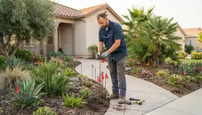 Electrician staking landscape lighting fixture locations along a residential pathway in Fresno, CA